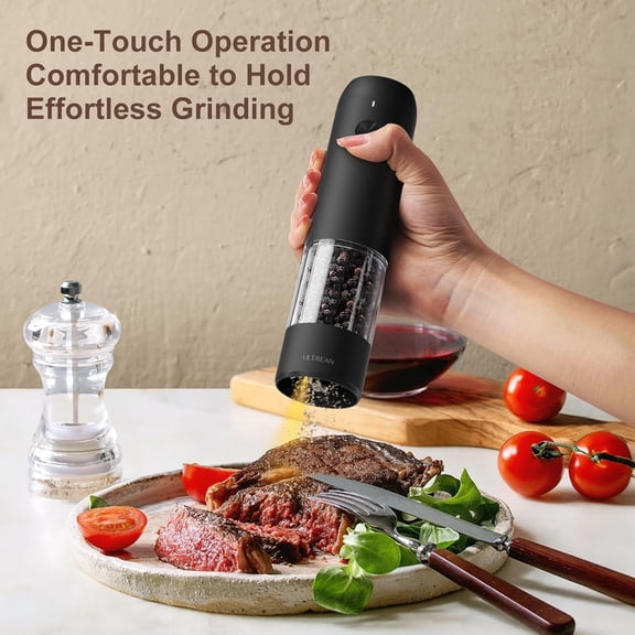 Pepper Grinder, Rechargeable Salt and Pepper Grinder with 6 Adjustable Coarseness, LED Light, One-Hand Automatic Operation, Black