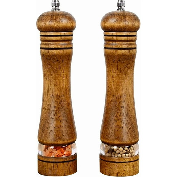 Pepper Grinder, Wood Salt and Pepper Mills Set, Classic Manual Spice Grinder Refillable Salt Mill Sets with Acrylic Visible Window Adjustable Ceramic Grinding Rotor 8 inch 2 Pack