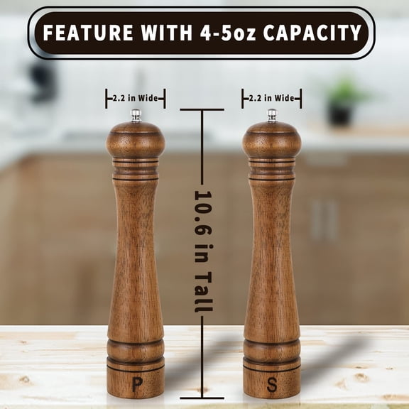 Pepper Mill, 10 inch Wood Salt Mill Pepper Shaker, Manual Pepper Grinder, Salt Shakers with Adjustable Ceramic Rotor - 1 Pack Refillable Oak Wood Pepper Grinder for Your Kitchen