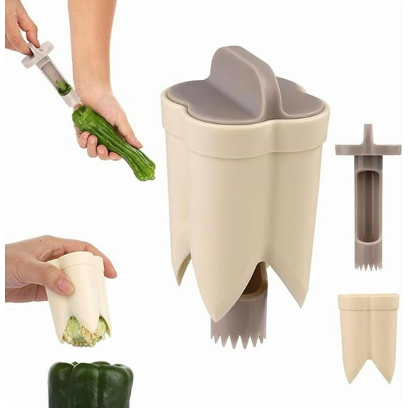Pepper Seed Corer Remover, 2025 New 2 in 1 Bell Pepper Cutter Pepper Porer Seed Remover Tool, Quickly Cutting and Deseeding Bell Pepper Corer Tool for Vegetables Kitchen Gadget (Beige)