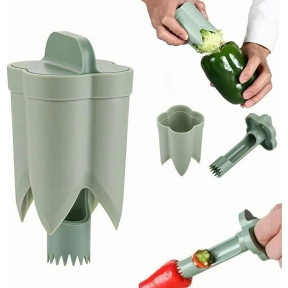 Pepper Seed Corer Remover, Upgrade 2 in 1 Bell Pepper Cutter Quickly Cutting and Deseeding Bell Pepper Corer Tool for Vegetables Kitchen Gadget (Green)
