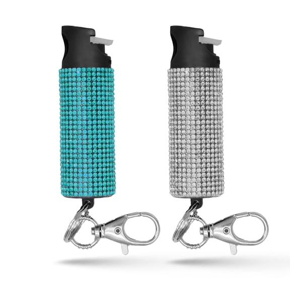 Pepper Spray Keychain with Safety Twist Top Glow-in-Dark, 16 ft Range, Rhinestone Design, Self Defense by Guard Dog Security, 2 pack Teal/White