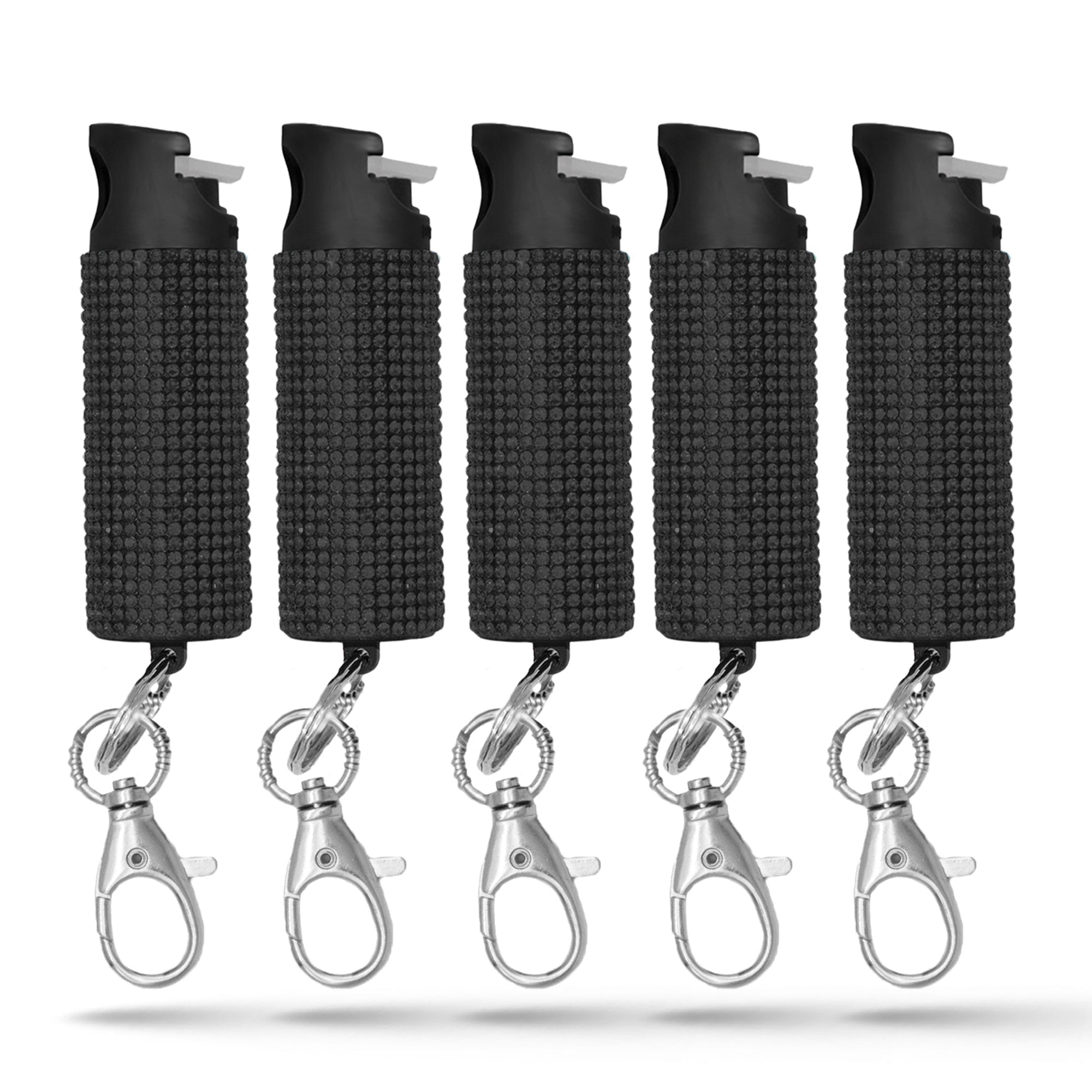 Pepper Spray Keychain with Safety Twist Top Glow-in-Dark, 16 ft Range, Rhinestone Design, Self Defense by Guard Dog Security, 5 pack Black