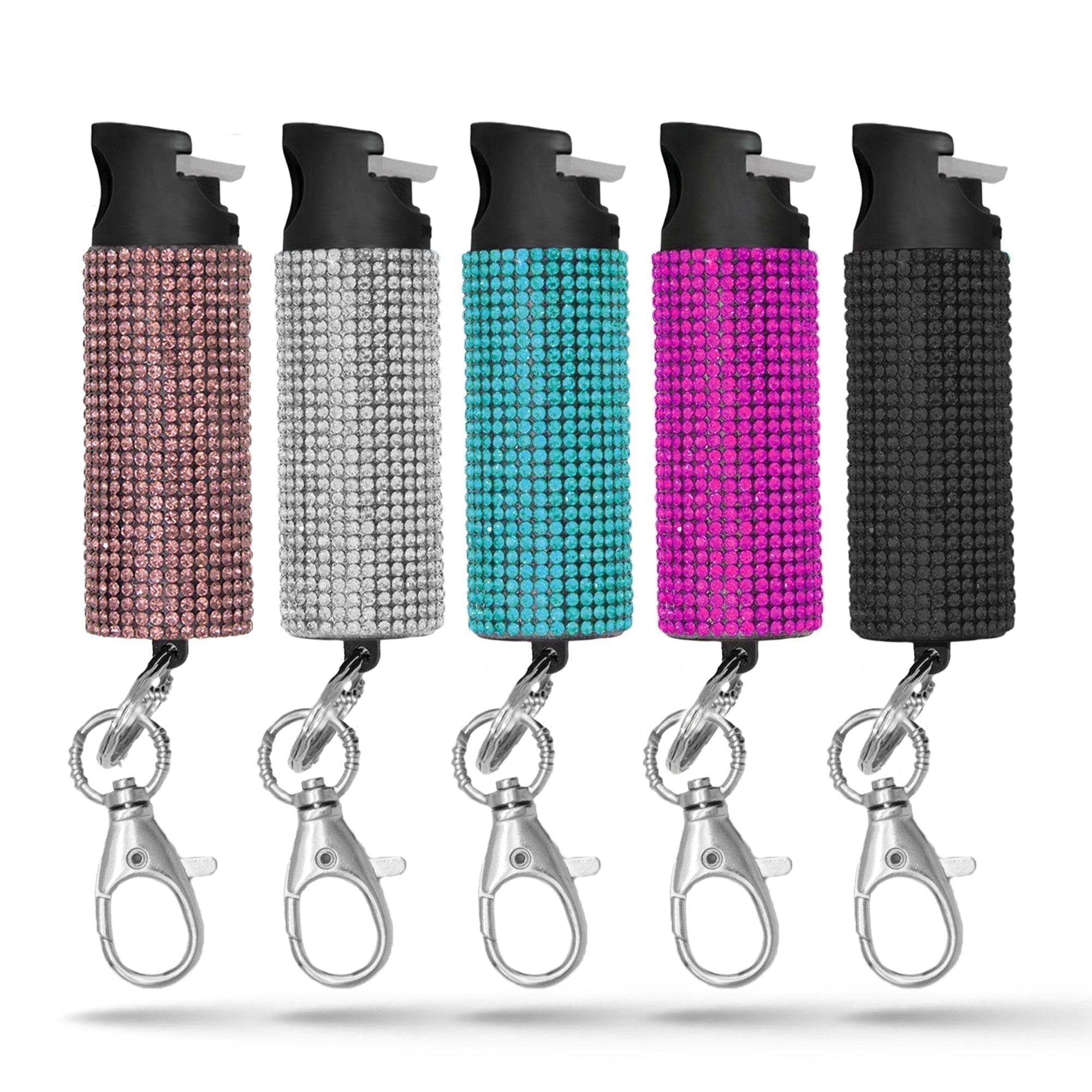 Pepper Spray Keychain with Safety Twist Top Glow-in-Dark, 16 ft Range, Rhinestone Design, Self Defense by Guard Dog Security, 5 pack Multi Color