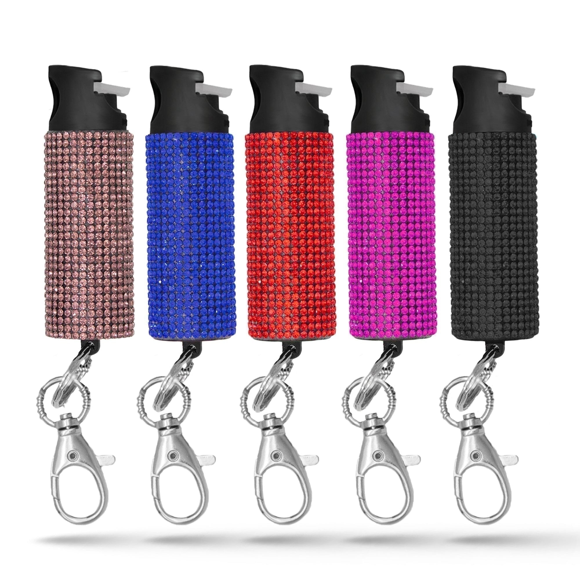 Pepper Spray Keychain with Safety Twist Top Glow-in-Dark, 16 ft Range, Rhinestone Design, Self Defense by Guard Dog Security, 5 pack Multi Color