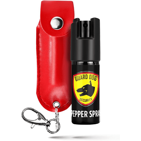 Pepper Spray for Self-Defense w/ Red Leather Pepper Spray Keychain Case, 16 ft Range, 0.5 oz, Safety Twist Top by Guard Dog Security, 1 Pack