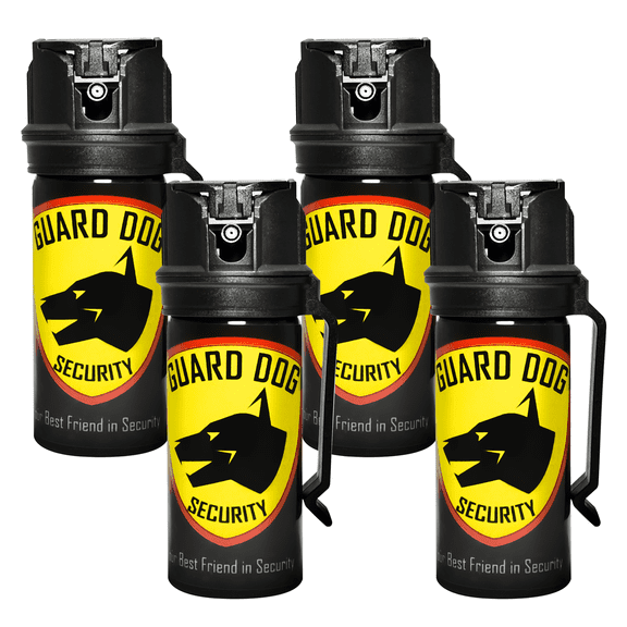 Pepper Spray with Belt Clip, 20 ft Range, 18 Burst, Flip Top 360 Degree Stream Pattern, Self Defense by Guard Dog Security, 4 pack