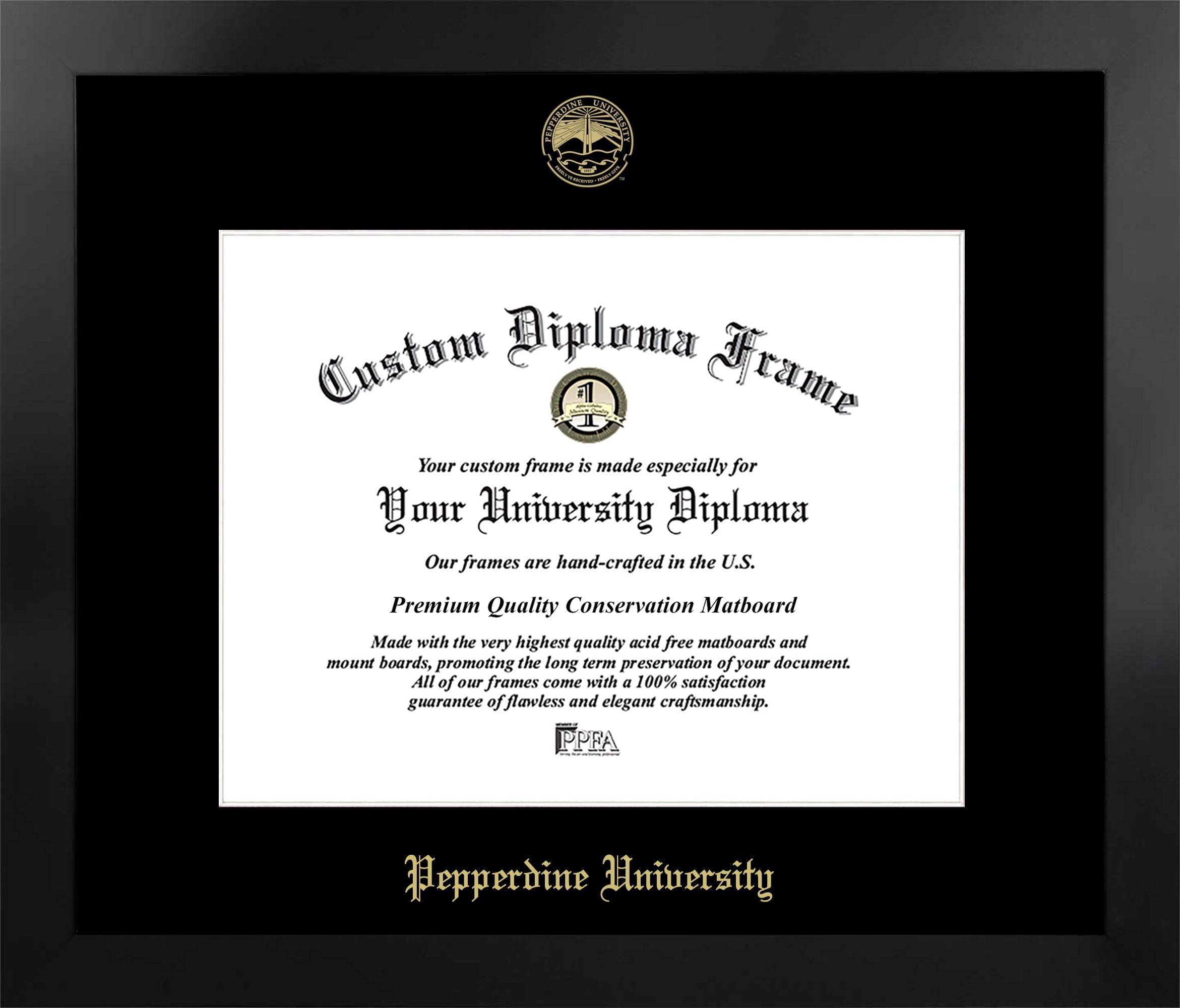 Pepperdine University 14w x 11h Manhattan Black Single Mat Gold Embossed Diploma Frame with Bonus Campus Images Lithograph (value savings at $59)