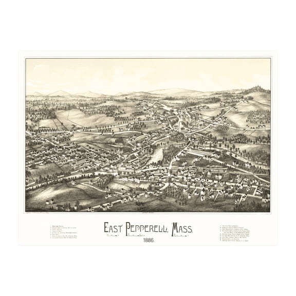 Pepperell Art, 1886 Vintage Map of Pepperell Massachusetts, MA History Wall Decor Gift, Old Pepperell Map - 36" x 24" Unframed Print