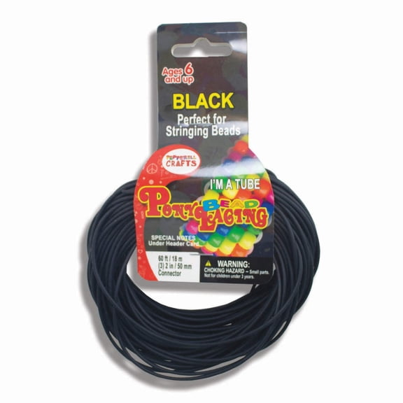 Pepperell Pony Bead Lacing – 2” Dia. Hollow Lacing Tube Cord, Black Color, 60 ft, w/ 3 Connectors