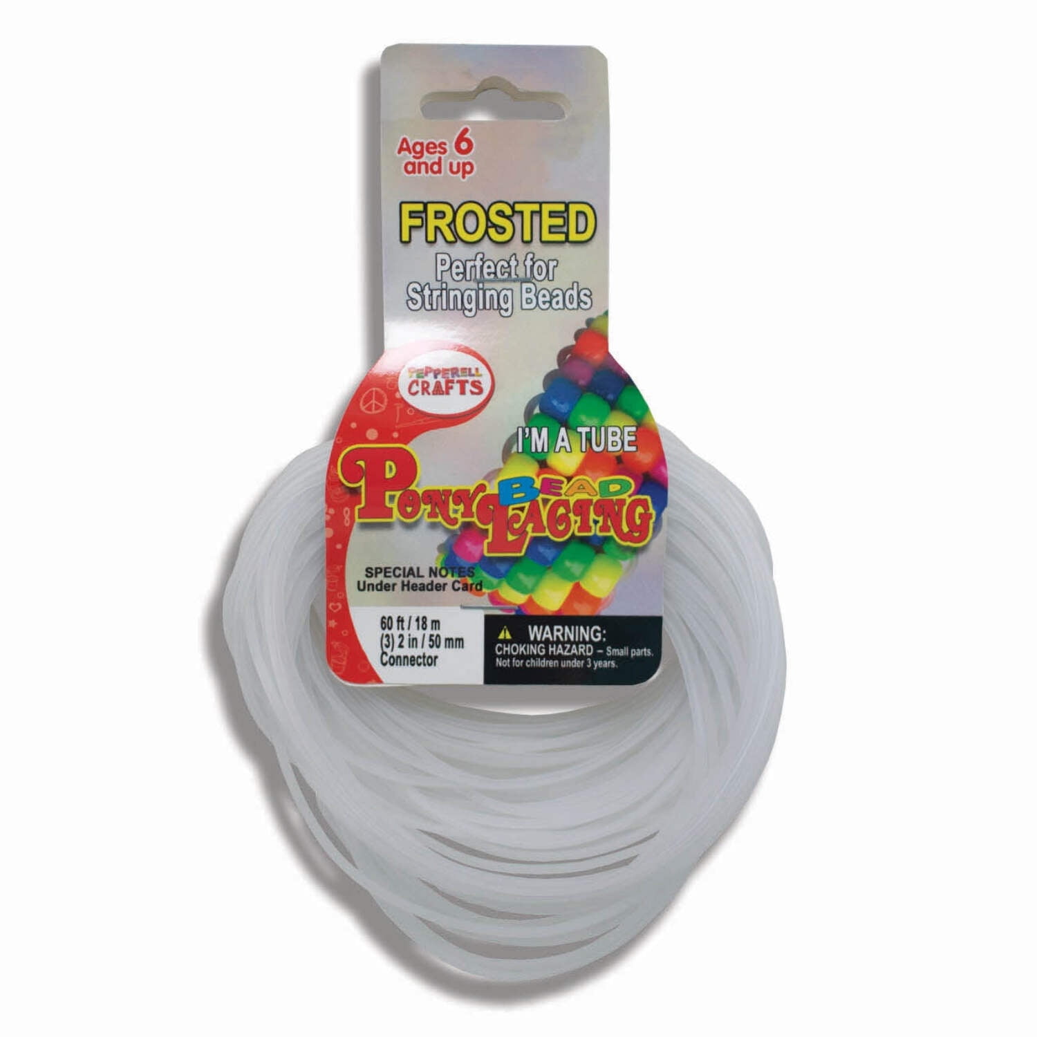 Pepperell Pony Bead Lacing – 2” Dia. Hollow Lacing Tube Cord, Frost Color, 60 ft, w/ 3 Connectors
