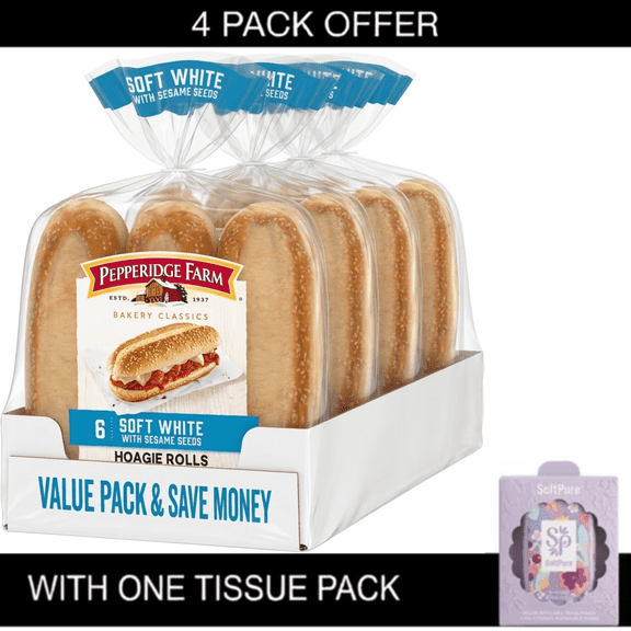 Pepperidge Farm Bakery Classics Sesame White Hoagie Rolls, 14.5 oz. (Pack of 4) | 6 Rolls per Bag | Includes One Tissue Pack