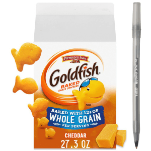 Pepperidge Farm Goldfish Baked with Whole Grain Cheddar Crackers with pen