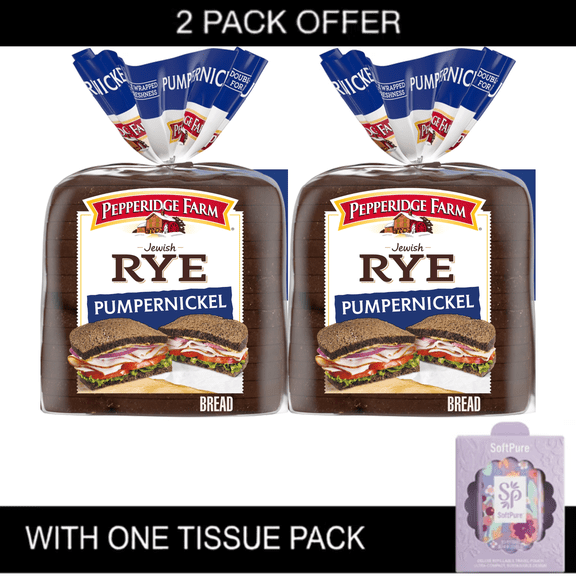 Pepperidge Farm Jewish Pumpernickel Dark Pump Breads, 16 oz Loafs, with 1 Tissue Pack
