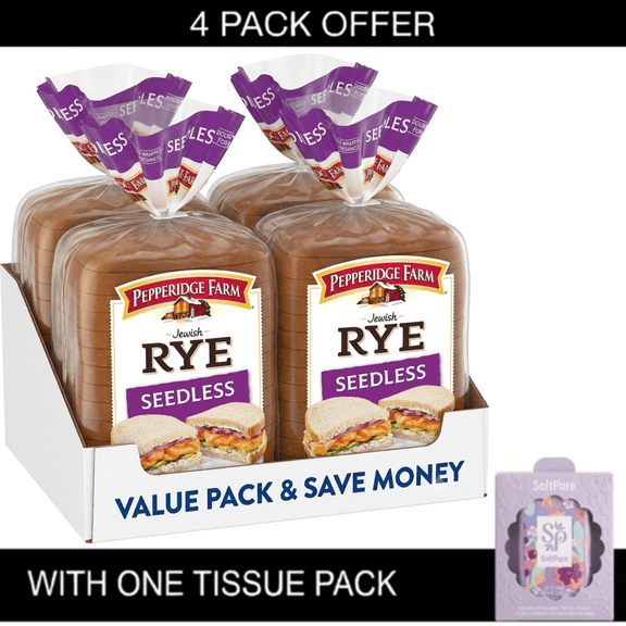 Pepperidge Farm Jewish Seedless Rye Bread, 16 oz. Loaves (Pack of 4) | Kosher | No High Fructose Corn Syrup | Includes One Tissue Pack