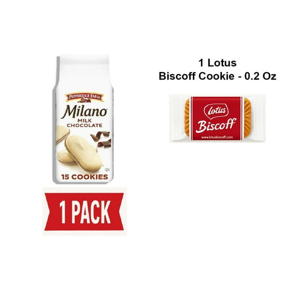 Pepperidge Farm Milano Milk Chocolate Cookies, 6 Oz Bag (15 Cookies) - Pack Of 1 & Lotus Biscoff Cookie - 0.2 Oz - 1 ct