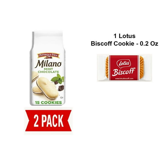 Pepperidge Farm Milano Mint Chocolate Cookies, 7 Oz Bag (15 Cookies) - Pack Of 2 & Lotus Biscoff Cookie - 0.2 Oz - 1 ct