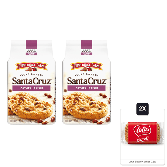 Pepperidge Farm Santa Cruz Soft Baked Oatmeal Raisin Cookies, 8.6 Oz. Bag (Pack Of 2) & 2x Lotus Biscoff Cookies 0.2oz