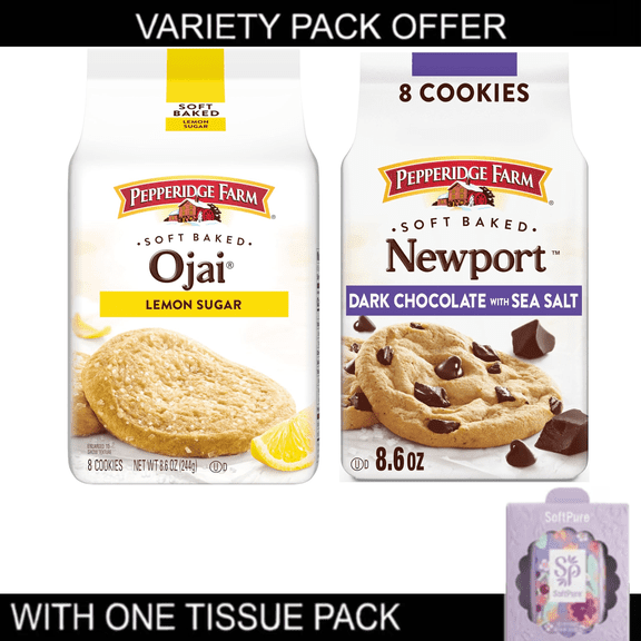 Pepperidge Farm Soft Baked Cookie Variety Bundle - Dark Chocolate Cookies (8.6 oz) & Ojai Lemon Sugar Cookies (8.6 oz) with tissue pack