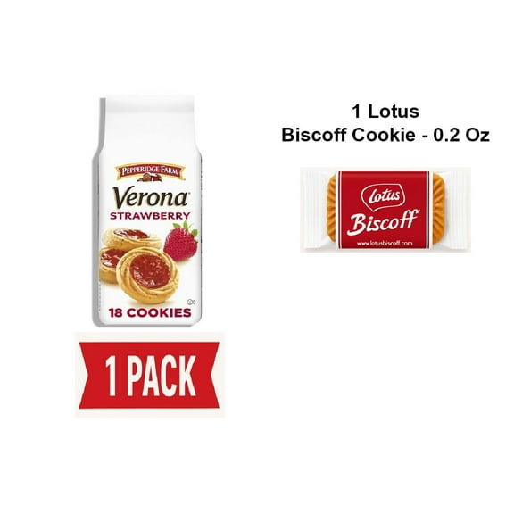 Pepperidge Farm Verona Strawberry Thumbprint Cookies, 6.75 Oz Bag (18 Cookies) - Pack Of 1 & Lotus Biscoff Cookie - 0.2 Oz - 1 ct