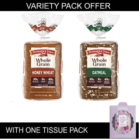Pepperidge Farm Whole Grain Bread Variety Pack, Honey Wheat & Oatmeal, 24 oz Loaves, Whole Grain Sandwich Bread, 2 Pack