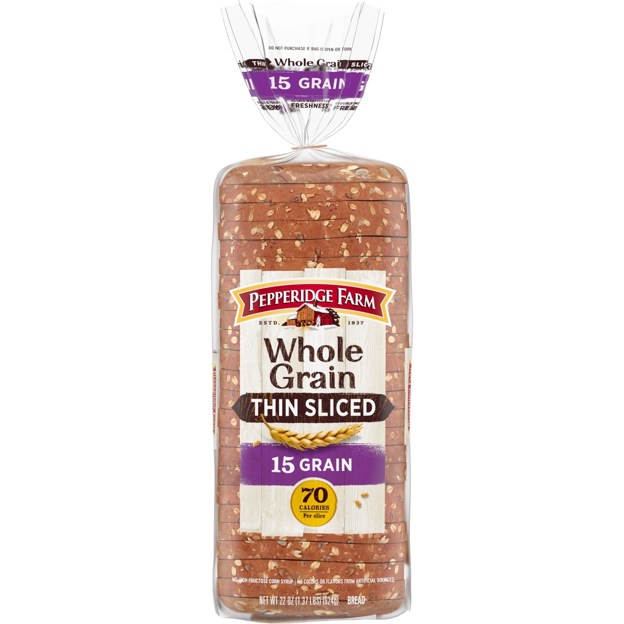 Pepperidge Farm Whole Grain Thin Sliced 15 Grain Bread, 22 oz (Pack of 2)