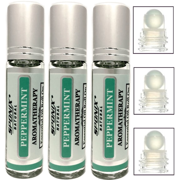 Peppermint Body Roll on 10 mL (0.33 Oz) - Essential Oil Infused Aromatherapy Roller Oils - %100 Pure - Premium Therapeutic Grade by Sponix Made in USA (FAST SHIPPING) Pack of 3