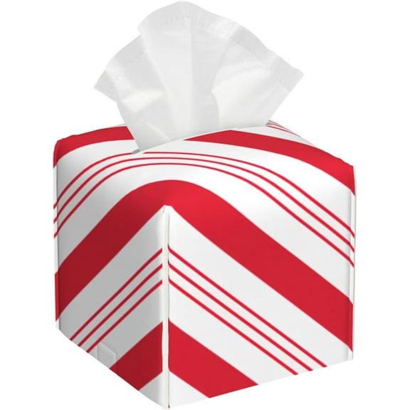 Peppermint Candy Cane Red Stripes Christmas Square Leather Tissue Box Cover - Bathroom Vanity, Nightstand & Countertop, Elegant Home Office Decor