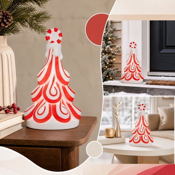 Peppermint Candy Christmas Tree Figurine 7.87in Resin Tabletop Decor Red White Swirl