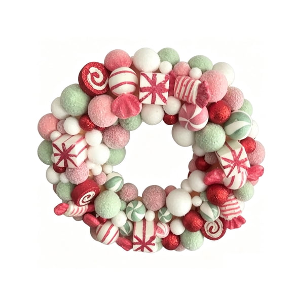 Peppermint Candy Christmas Wreath, 15.74in Pink Green Felt Ball Wreath with Sweets for Girl Party Decor