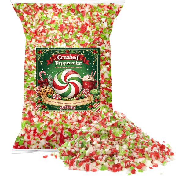 Peppermint Crushed Candy Pieces, Red White and Green Dessert Topping, Baking Sprinkles, 12 Ounce Resealable Bag