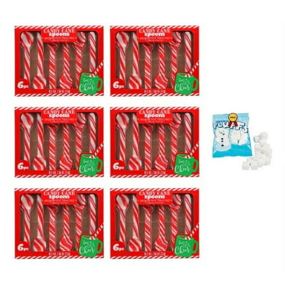 Peppermint Flavored Candy Cane Spoons 6-ct, Festive Holiday Treats for Hot Cocoa, Coffee, Stocking Stuffers, Christmas Gift Baskets (6 Pack) With Free Mini Pack of Snowman Marshmallows