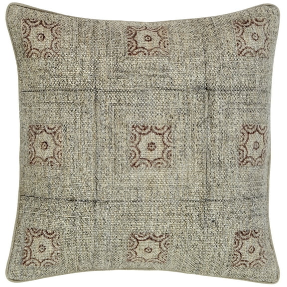 Peppermint Home Antique Block Print Decorative Pillow Cover, 24"x 24", Natural Red
