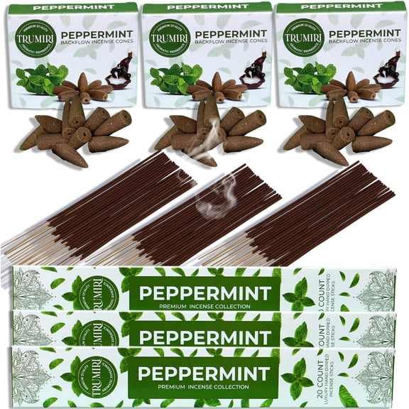 Peppermint Incense Sticks & Backflow Incense Cones for Waterfall Combo Pack - 60 Insence-Sticks + 30 Backflow Cones - Insents - Incense Waterfall Cones - Inscense