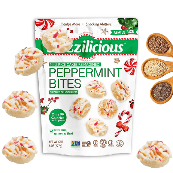Peppermint Mini Rice(8 oz Bag) Cakes by Drizilicious- Holiday Crunchy Snack Bites with Chocolate Drizzle, Gluten-Free & Lightly Sweetened Rice Cakes for Christmas Treats