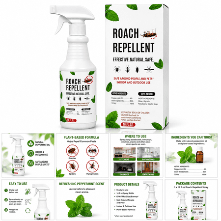 Peppermint Oil Roach Repellent Spray for Ants, Bugs & Spiders, Indoor & Outdoor, 16 fl oz
