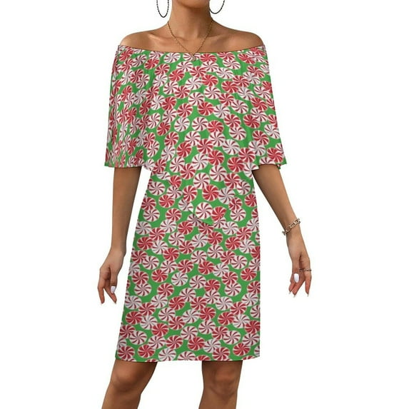 Peppermint Party Women's Off The Shoulder Ruffles Summer Wedding Guest Loose Casual Party Beach Dress