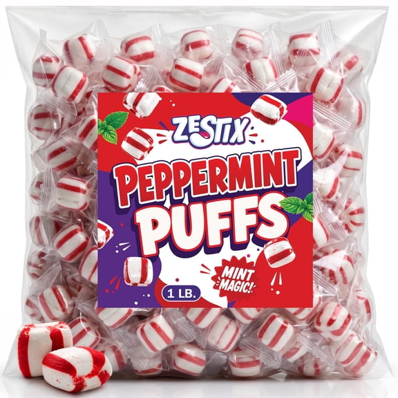 Zestix Peppermint Puffs Candy, Soft Peppermint Bulk Mints, 1 lb Bag
