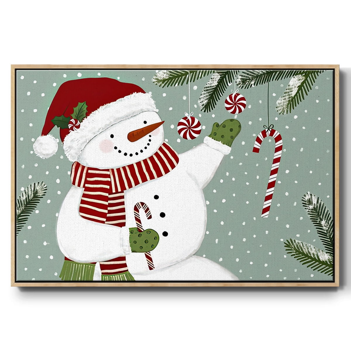 Peppermint Snowman Collection A - Framed Gallery Wrapped Holiday Canvas - 17 x 25 - Natural Wood Frame