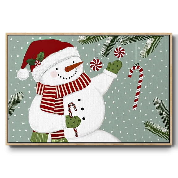 Peppermint Snowman Collection A - Framed Gallery Wrapped Holiday Canvas - 17 x 25 - Natural Wood Frame
