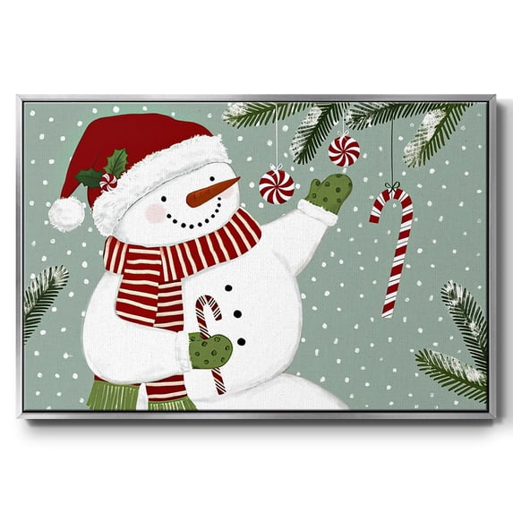 Peppermint Snowman Collection A - Framed Gallery Wrapped Holiday Canvas - 17 x 25 - Silver Frame