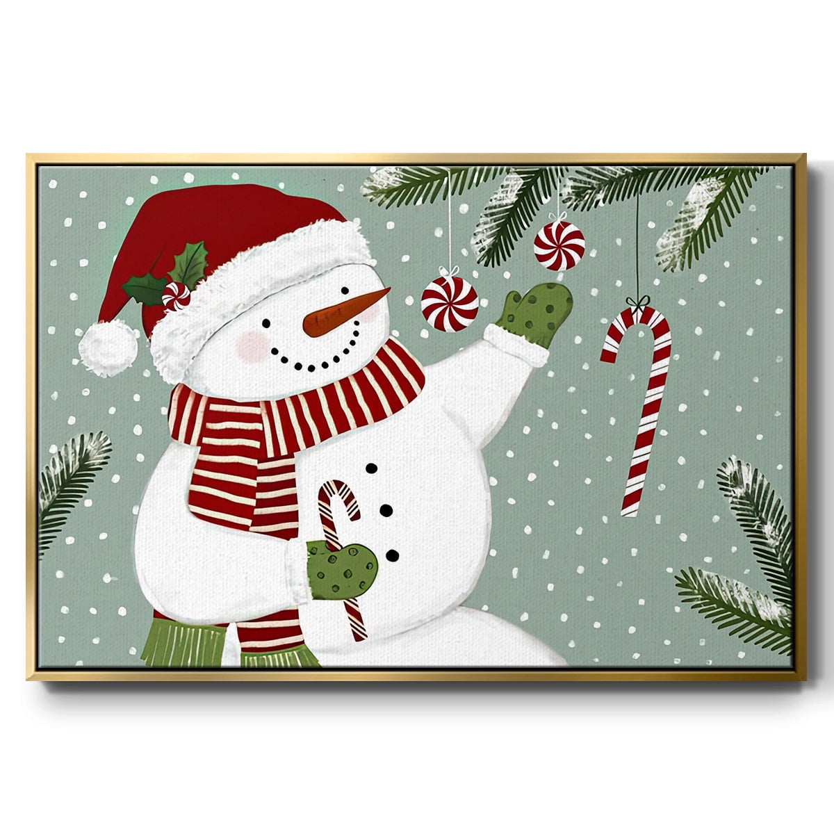 Peppermint Snowman Collection A - Framed Gallery Wrapped Holiday Canvas - 25 x 37 - Gold Frame