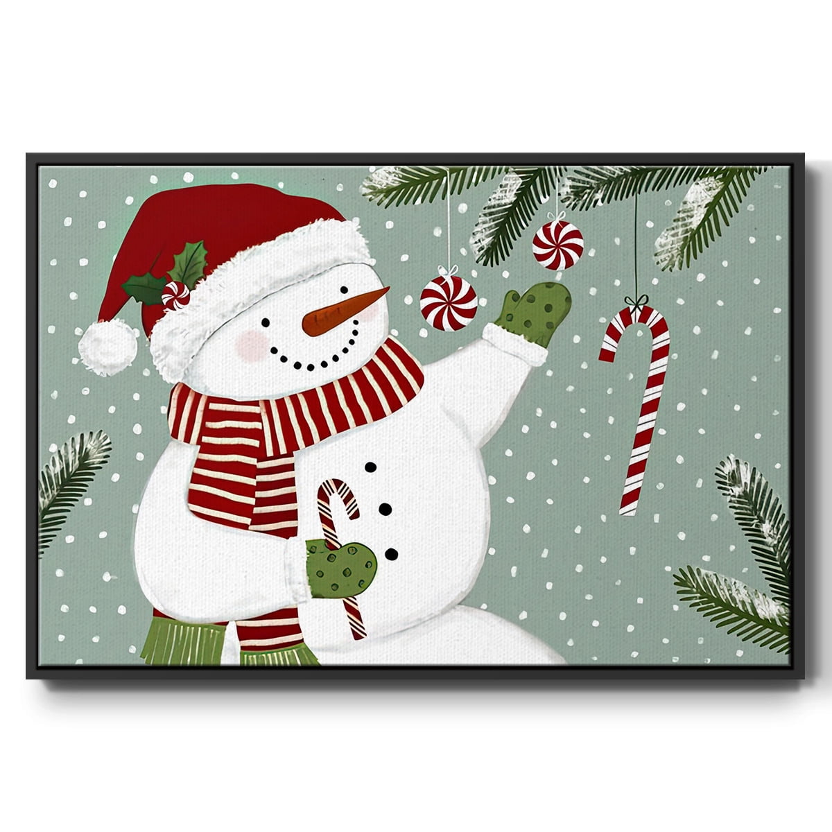 Peppermint Snowman Collection A - Framed Gallery Wrapped Holiday Canvas - 27 x 41 - Black Frame