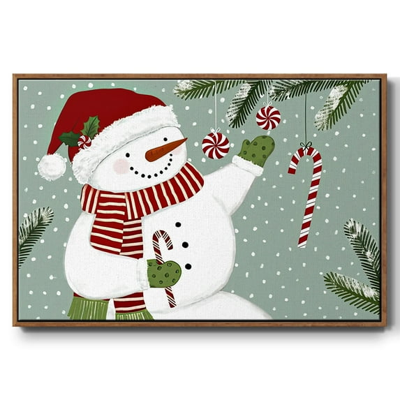 Peppermint Snowman Collection A - Framed Gallery Wrapped Holiday Canvas - 27 x 41 - Rosewood Frame
