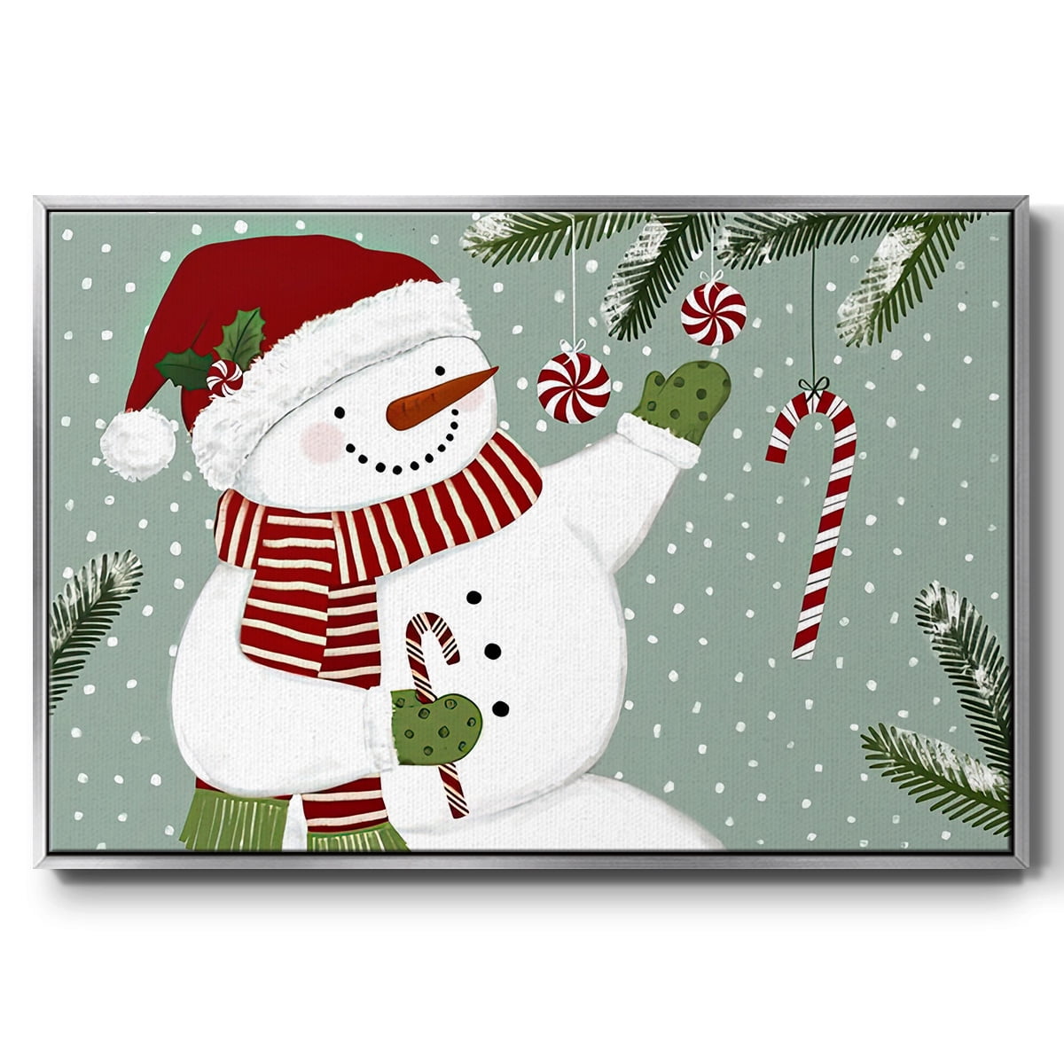 Peppermint Snowman Collection A - Framed Gallery Wrapped Holiday Canvas - 27 x 41 - Silver Frame