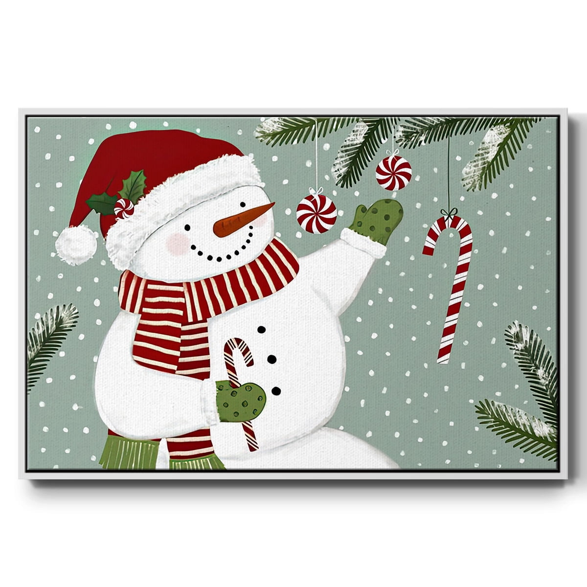 Peppermint Snowman Collection A - Framed Gallery Wrapped Holiday Canvas - 27 x 41 - White Frame