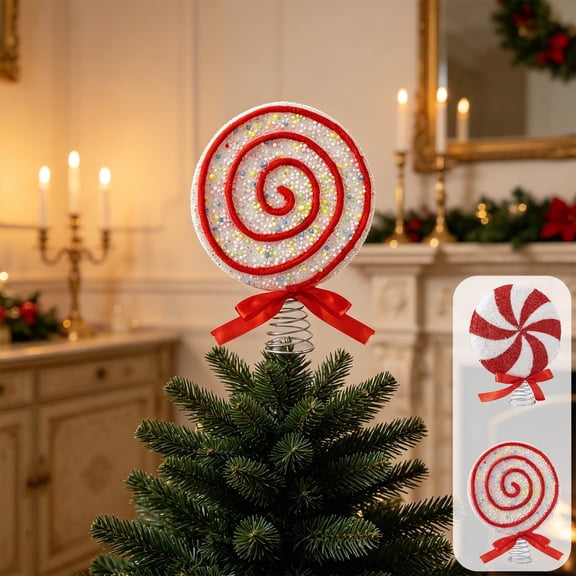 Peppermint Swirl Lollipop Tree Topper, Glitter Candy Ornament with Metal Spring Base, Flexible Two-use Design for Tree Top and Tabletop Holiday Decor, Lazyguy