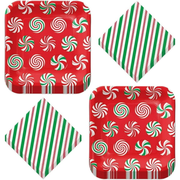 Peppermint Swirl Red & Green Christmas Holiday Paper Dinner Plates and Luncheon Napkins (Serves 16)