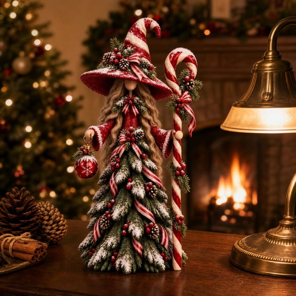 Peppermint Witch Tree Resin Figurine, Christmas Decoration with Candy Cane Staff and Red Ornament