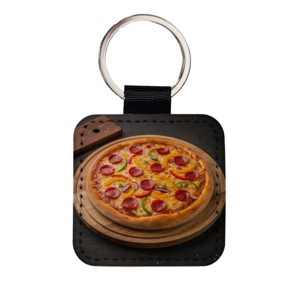 Pepperoni Pepper Pizza Faux Leather Square Keychain